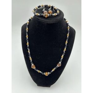 Tiger Eye Beaded Necklace Bracelet Earrings Set Black Gold Silver Tone